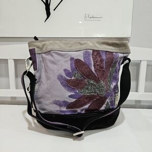 Lucky Brand Extra Large Floral Suede Leather & Canvas Shoulder Tote Bag